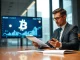 Professional businessperson reviewing financial documents in a modern boardroom with Bitcoin symbols on screen