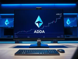 Cardano ADA logo on a trading screen with an upward price chart in a professional trading room.