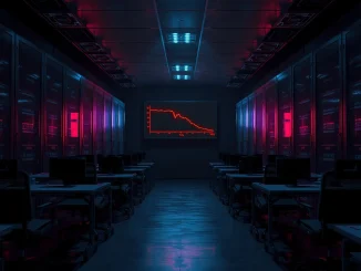 Darkened data center with monitor showing declining TVL graph after DeFi protocol collapse