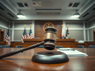 Gavel in a courtroom with American flags and legal documents in background, representing CFTC lawsuit against states.
