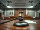 Gavel in a courtroom with American flags and legal documents in background, representing CFTC lawsuit against states.