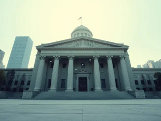 Blockchain network overlay on a government building representing the new crypto-aligned PAC's political strategy.