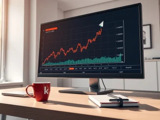Financial analyst desk with Chainlink LINK price chart on monitor showing upward trend