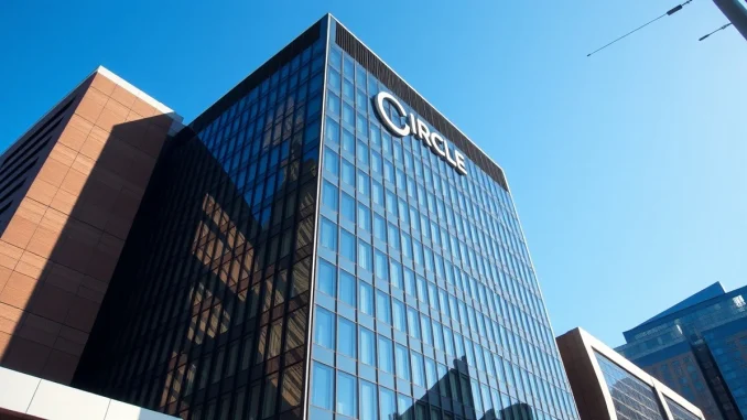Circle headquarters building on a sunny day, representing the stablecoin issuer's financial growth and market presence.