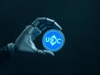 Robotic hand holding a glowing blue USDC stablecoin token against a dark background