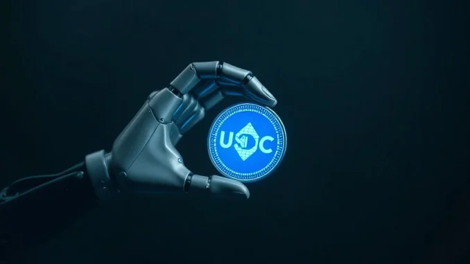Robotic hand holding a glowing blue USDC stablecoin token against a dark background