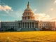 US Capitol Building on a sunny day with faint digital blockchain overlay representing crypto regulation