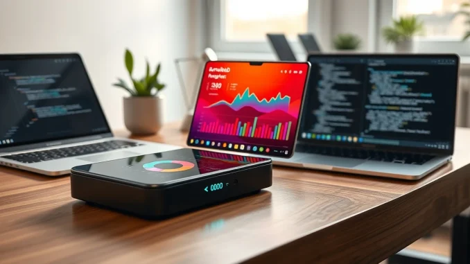 A small desktop device displaying Claude Code token usage charts and pixel-art animations on its screen.