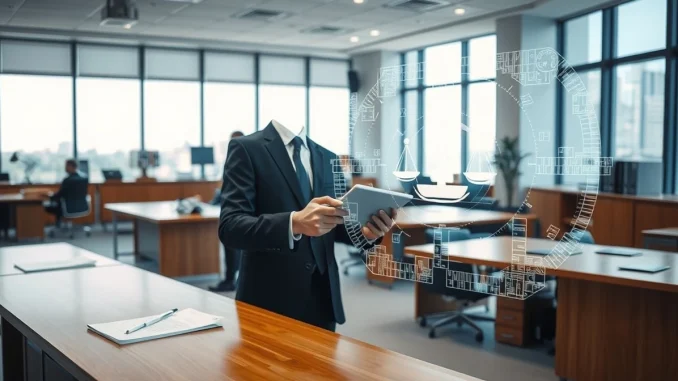 Lawyer using AI-powered tablet in modern law office with holographic legal interface