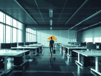 Empty office floor at Cloudflare headquarters after layoffs, symbolizing AI-driven workforce reduction