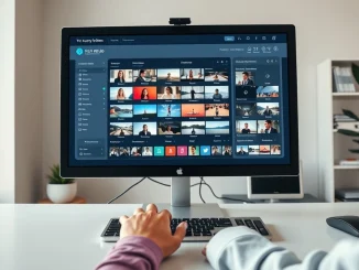 Person using Clouted software dashboard for AI video clipping and social media distribution