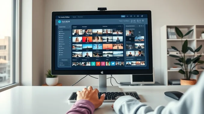 Person using Clouted software dashboard for AI video clipping and social media distribution