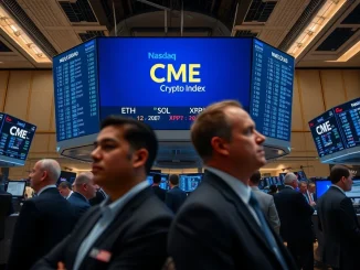 CME Group trading floor with screens showing crypto index futures for Bitcoin, Ether, Solana and XRP