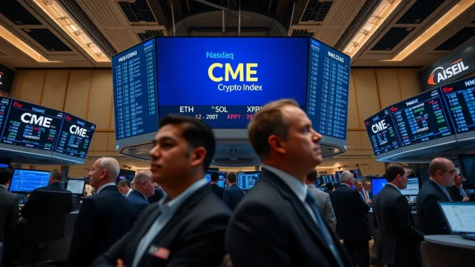 CME Group trading floor with screens showing crypto index futures for Bitcoin, Ether, Solana and XRP
