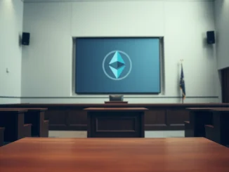Interior of a courtroom with a judge's bench, representing a legal dispute involving cryptocurrency exchange Coinbase.