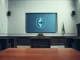 Interior of a courtroom with a judge's bench, representing a legal dispute involving cryptocurrency exchange Coinbase.