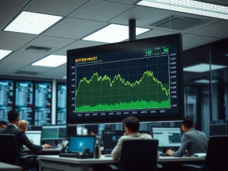 Bitcoin price chart on a digital screen in a modern office, reflecting market analysis and investor sentiment.