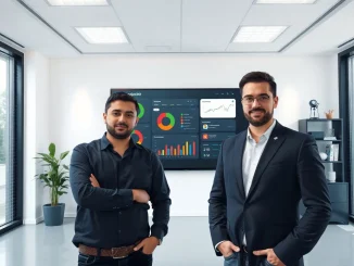 CopilotKit co-founders Atai Barkai and Uli Barkai standing in front of a digital screen displaying interactive AI agent user interfaces.