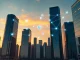 Futuristic city skyline with interconnected blockchain nodes representing the Cosmos network
