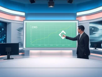 Analyst pointing at a chart showing Cronos (CRO) upward trend in a modern news studio