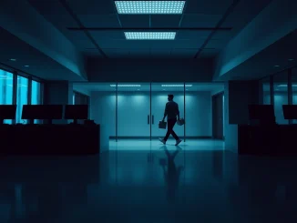 Empty corporate office lobby with a person carrying a box, symbolizing layoffs in the crypto industry.