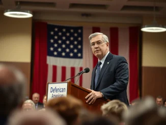 Republican candidate James Baird speaking at a campaign event in Indiana with an American flag behind him