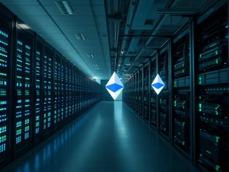 Split scene of AI data center and crypto mining farm illustrating market divergence