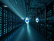 Split scene of AI data center and crypto mining farm illustrating market divergence