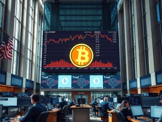 Wall Street trading floor with cryptocurrency price charts on a large digital display