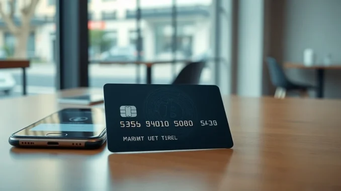 A modern crypto-linked credit card on a wooden table with a smartphone showing a payment confirmation.