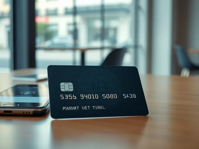 A modern crypto-linked credit card on a wooden table with a smartphone showing a payment confirmation.