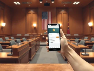 US Senate committee hearing room with a smartphone showing a crypto exchange app in the foreground