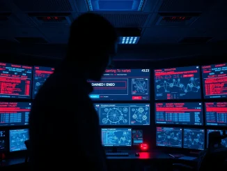 Cybersecurity analyst monitoring crypto hack alerts on multiple screens in a dark operations center.