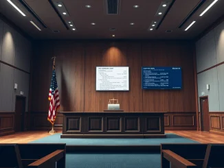 Empty courtroom with blockchain data on screen representing crypto legal news