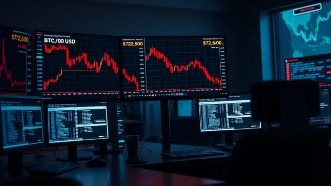 Bitcoin price chart showing sharp decline to $72,600 on trading desk monitors with red candlesticks