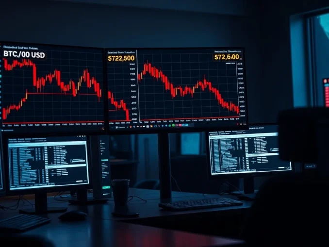 Bitcoin price chart showing sharp decline to $72,600 on trading desk monitors with red candlesticks