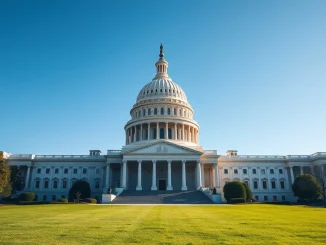 US Capitol building under clear blue sky, symbolizing crypto regulation debate.
