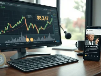 Bitcoin price chart on monitor with Circle stablecoin card and Trump Truth Social post on smartphone on newsroom desk