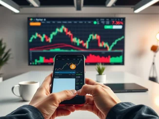 Digital display showing Bitcoin price chart with a smartphone on a desk in a professional newsroom setting.