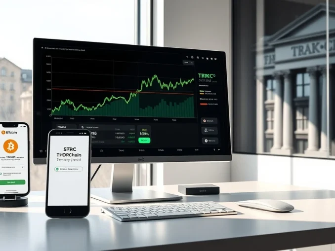 Digital newsroom desk with Bitcoin chart, THORChain recovery portal, and Italian bank reference