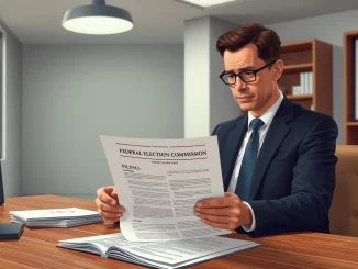 A Federal Election Commission filing document for the Crypto PAC Fellowship on a desk.