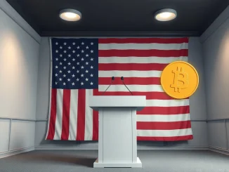 Crypto PAC spending in Indiana primary election campaign event with podium and flag