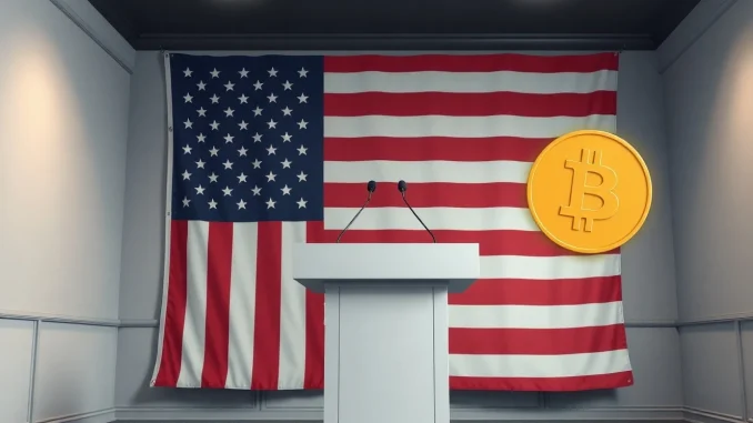 Crypto PAC spending in Indiana primary election campaign event with podium and flag