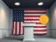 Crypto PAC spending in Indiana primary election campaign event with podium and flag