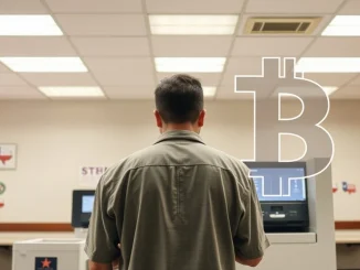 Texas polling station on primary runoff day with subtle crypto-themed digital overlay