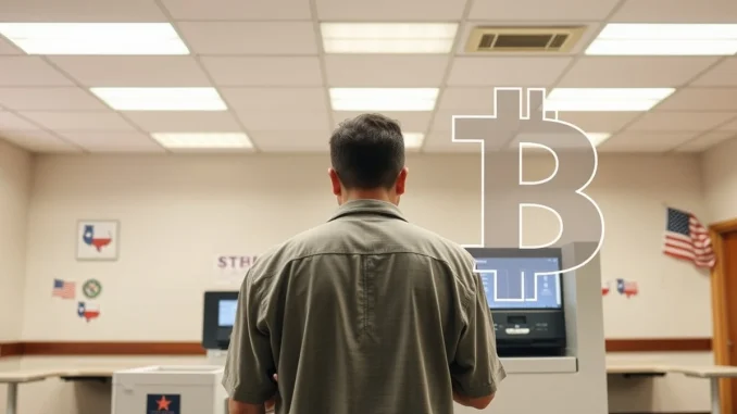 Texas polling station on primary runoff day with subtle crypto-themed digital overlay