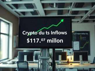 Crypto products post 5th straight week of inflows, showing a green upward trend on a digital display board in a financial office.