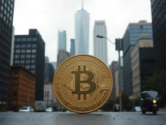 Crypto today: Bitcoin coin in foreground with city skyline, representing market news and regulation.