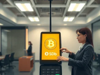 Crypto today: Businessperson using digital payment terminal with Bitcoin and USDb stablecoin symbols