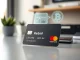 A virtual debit card with Mastercard branding and a crypto wallet interface on a desk, representing stablecoin payments.